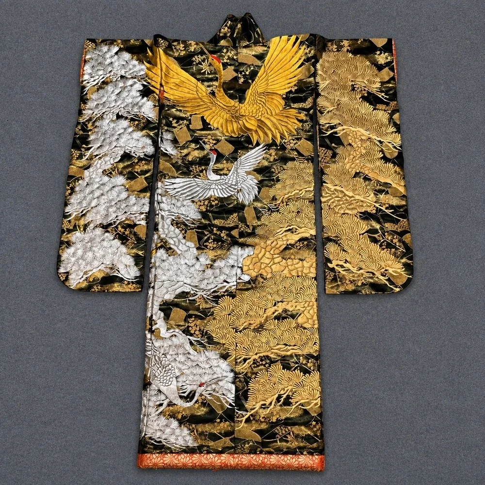 Vintage Japanese Silk Uchikake Kimono Black Gold Silver Crane Pine Embroidery